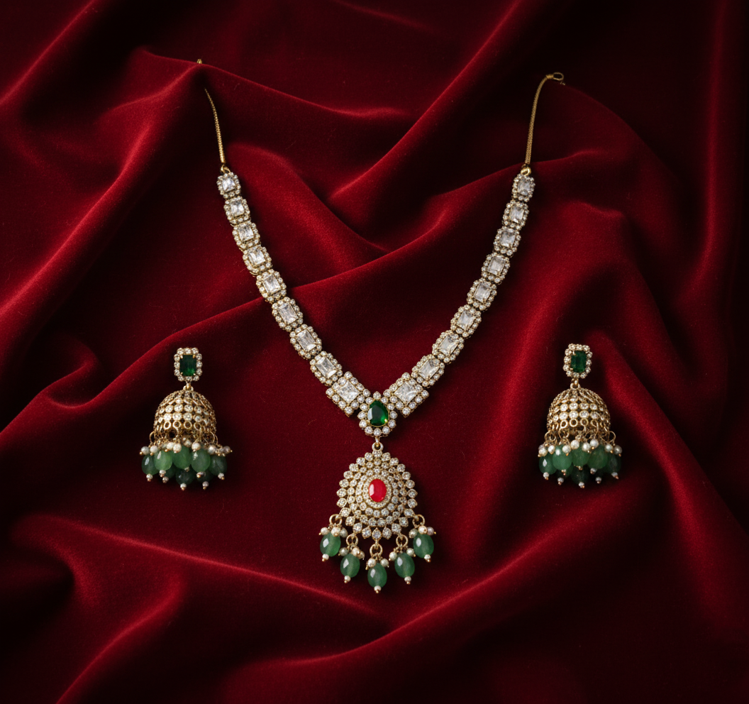Coral Stone Necklace Set with Jhumka