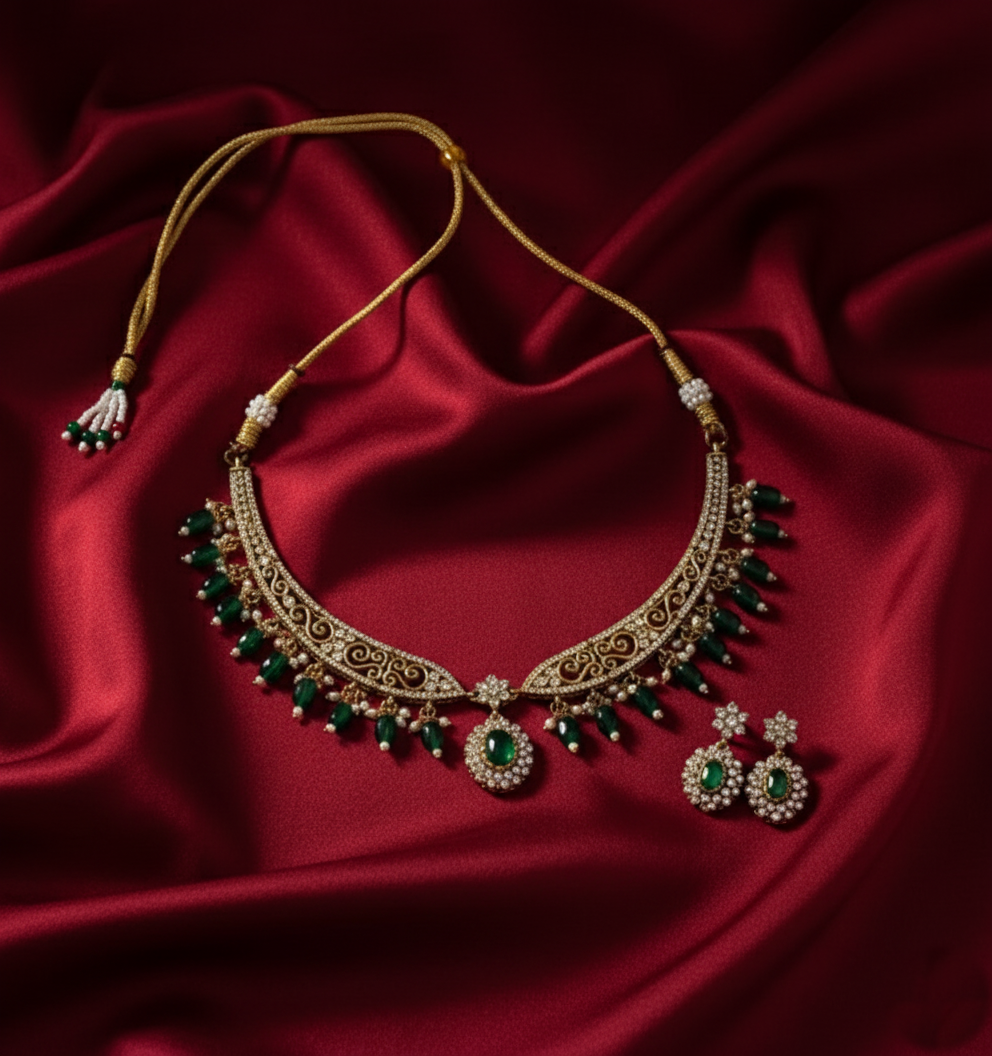 Tantaaz Elegant Green Beads & Stone Necklace Set with Earrings