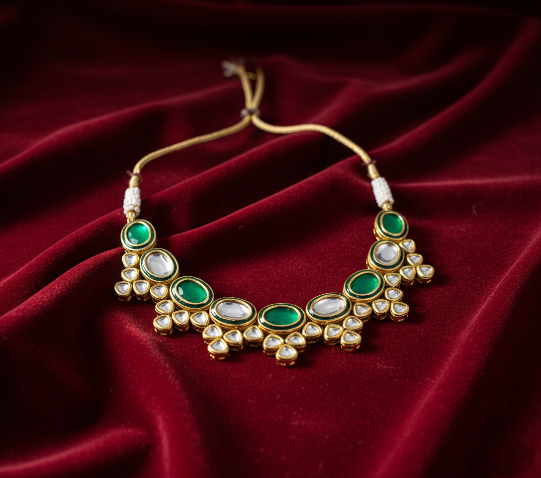 Green Kundan Polki Necklace Set with Earrings