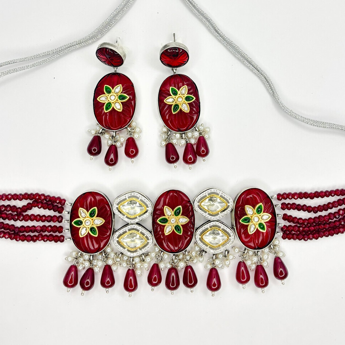 Tantaaz Maroon Polki Kundan Silver & Gold Plated Choker Necklace