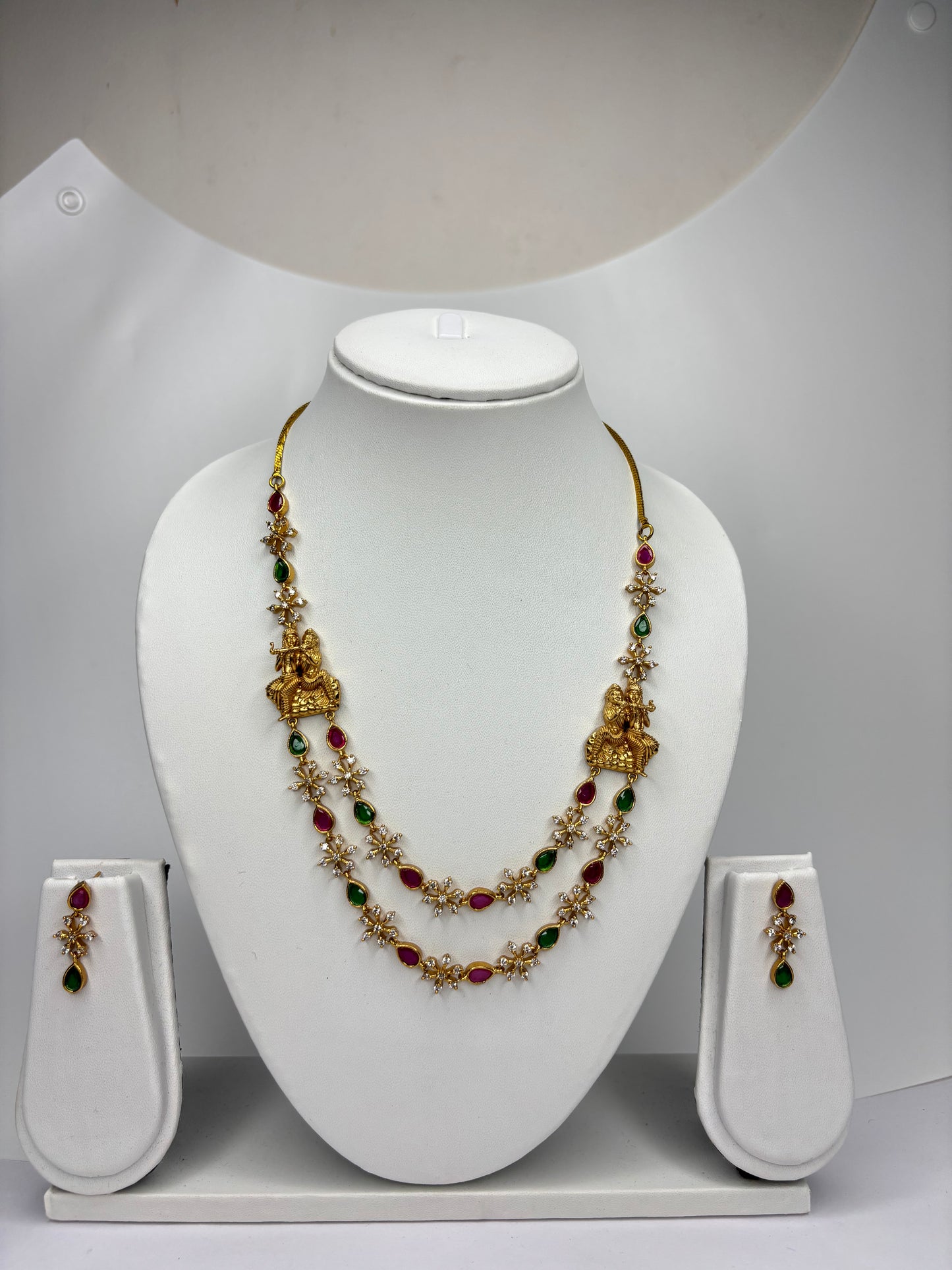 Elegant AD Stone Floral Double Layer Necklace with Earrings