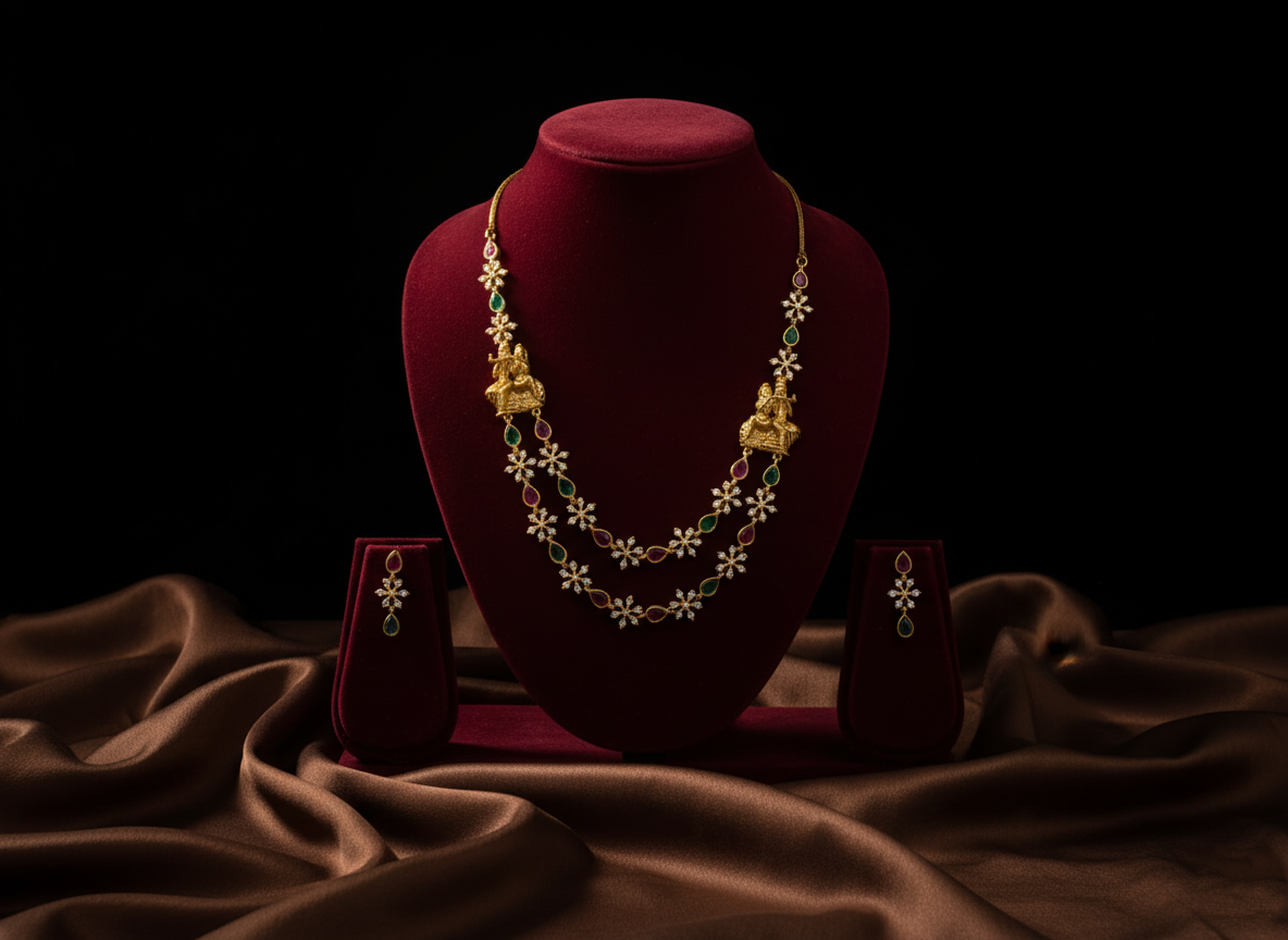 Elegant AD Stone Floral Double Layer Necklace with Earrings