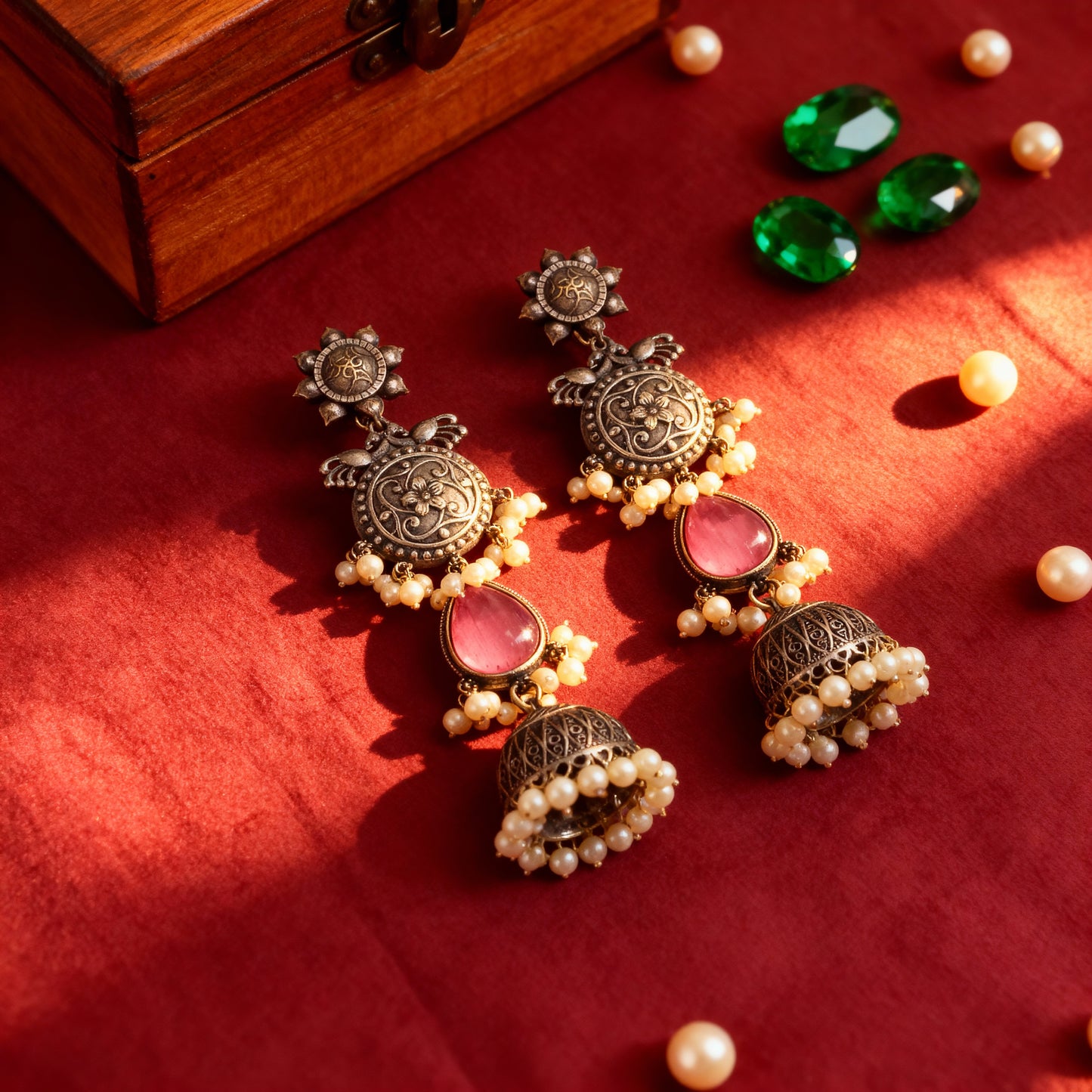 Oxidised Silver Jhumka (Mint Green & Pearls)