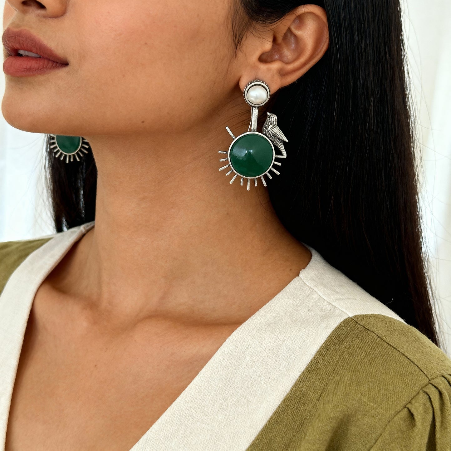 Oxidized Silver-Toned & Red Floral Earring