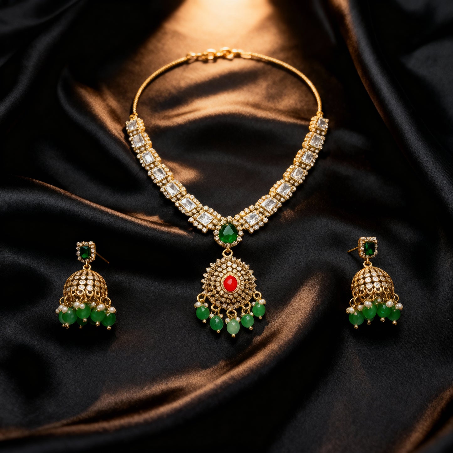 Coral Stone Necklace Set with Jhumka