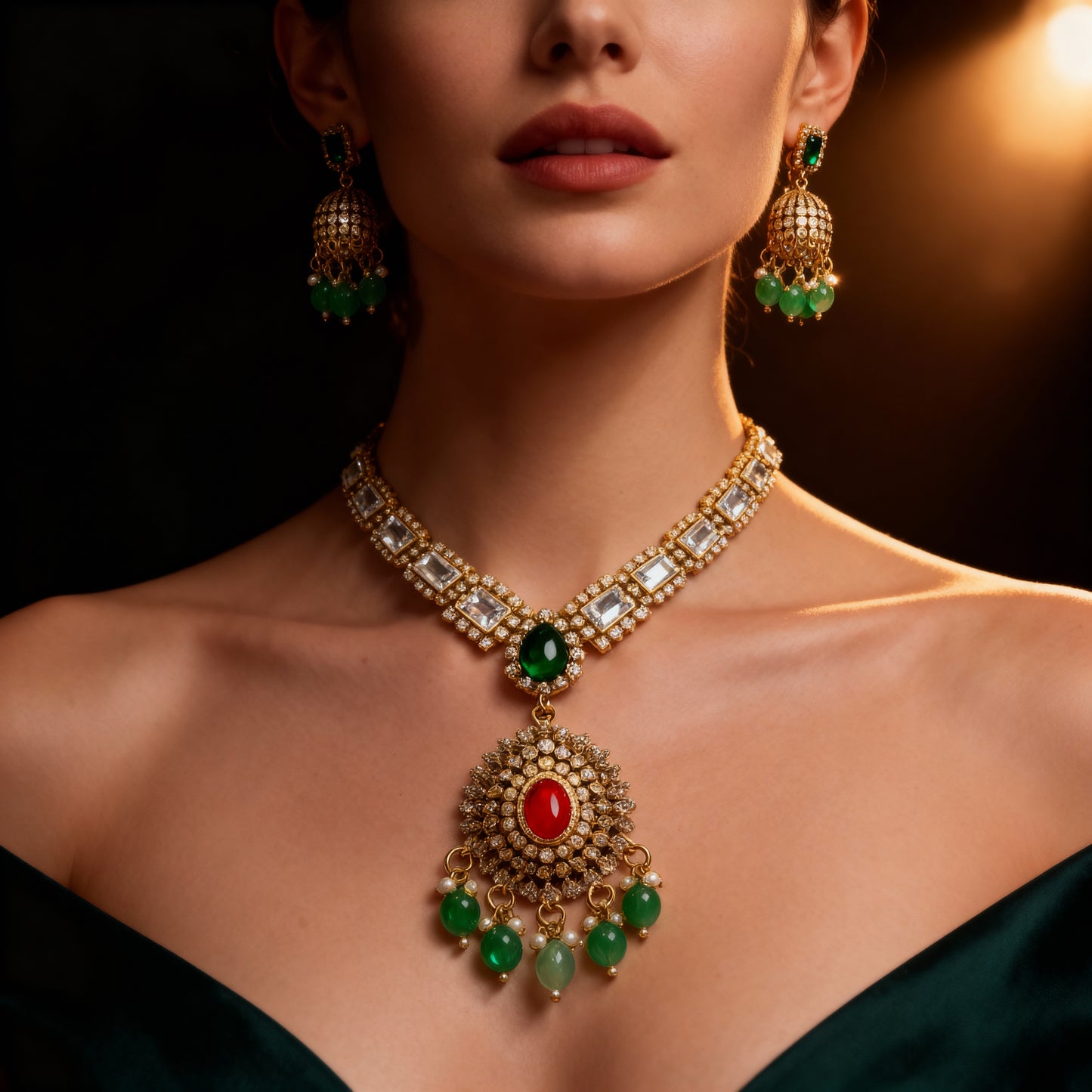 Coral Stone Necklace Set with Jhumka