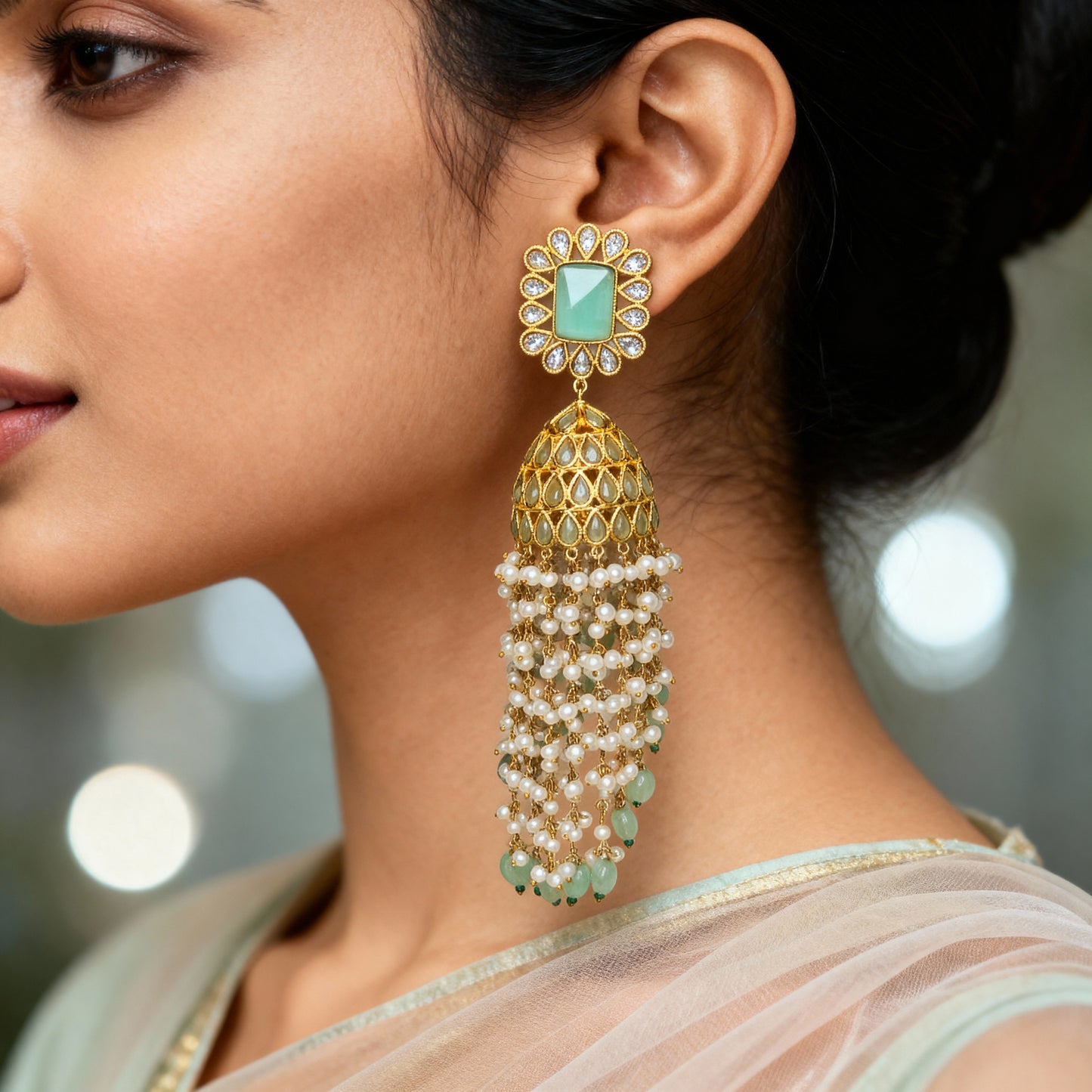 Bell Shaped and Dangling Pearls Jhumka