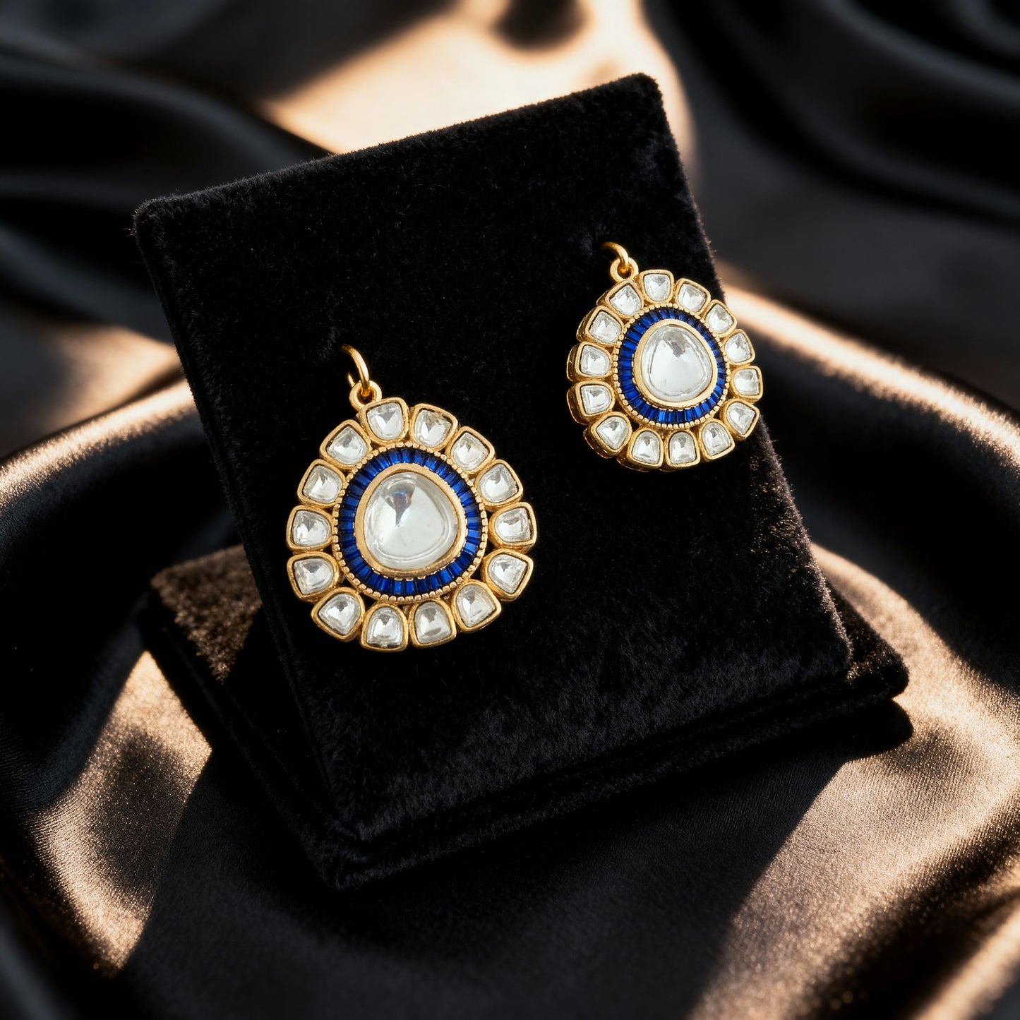 Gold Plated Kundan Polki Stud Earring (Blue Center)