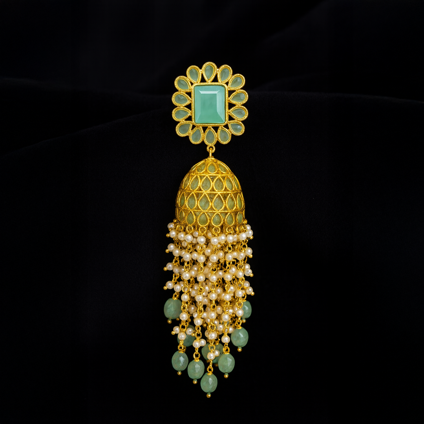 Bell Shaped and Dangling Pearls Jhumka