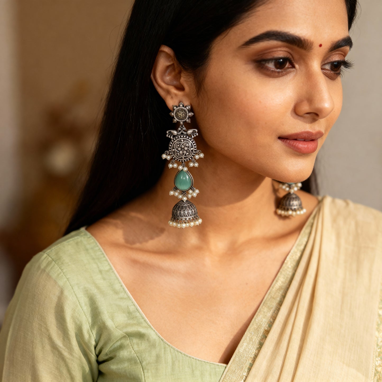 Oxidised Silver Jhumka (Mint Green & Pearls)