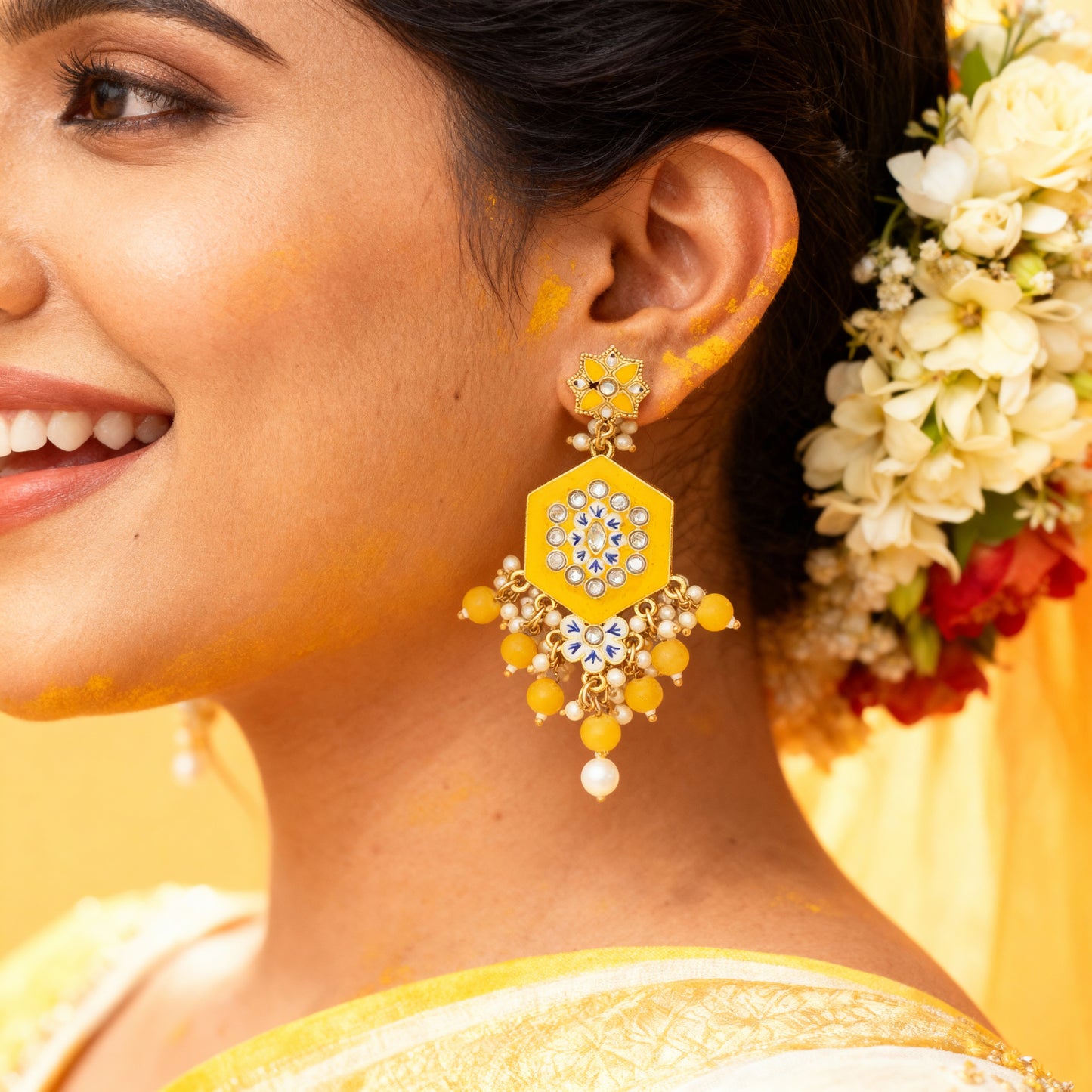 Yellow & Gold Toned Floral Drop Earring