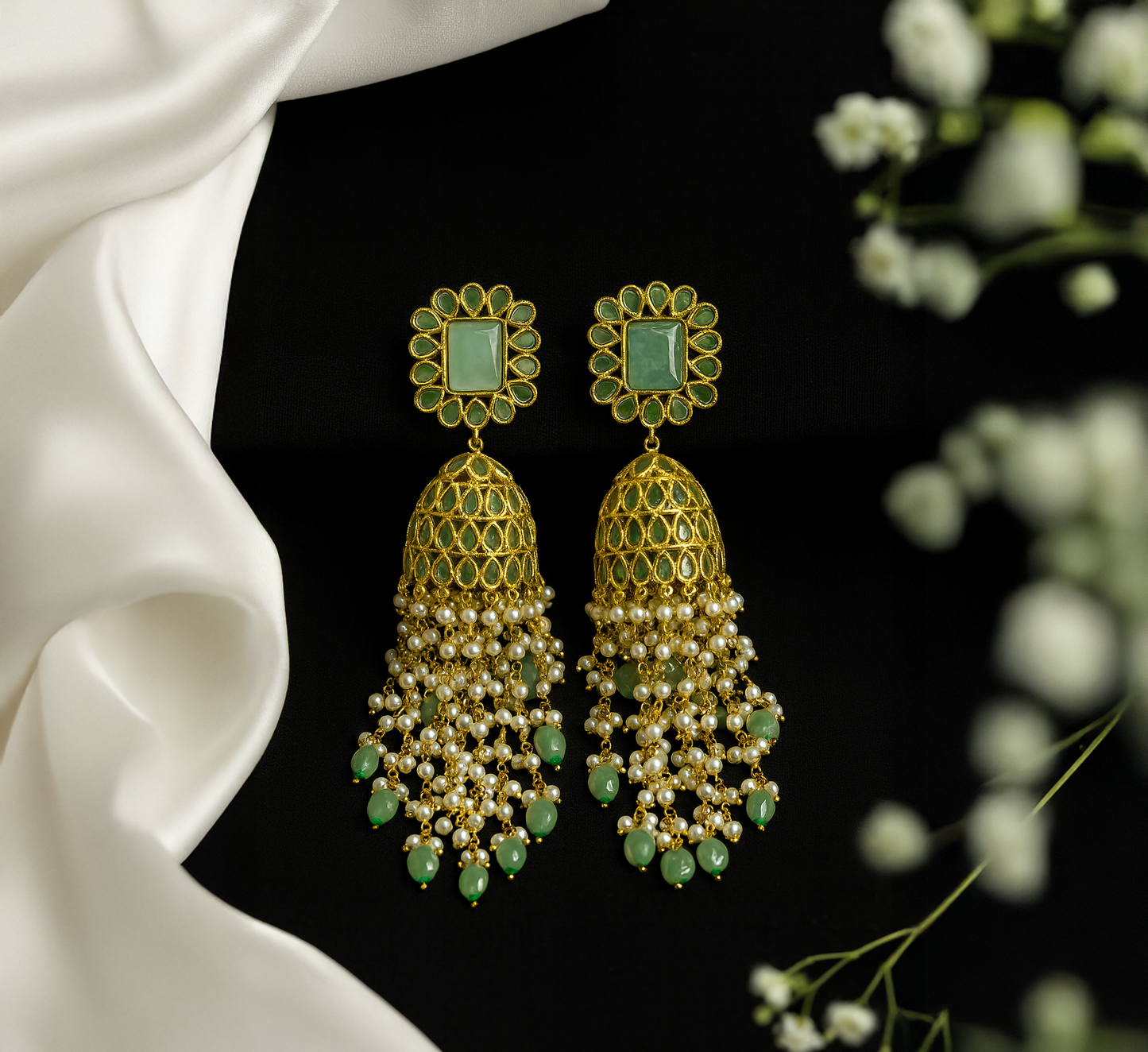Bell Shaped and Dangling Pearls Jhumka
