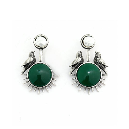 Oxidized Silver-Toned & Red Floral Earring