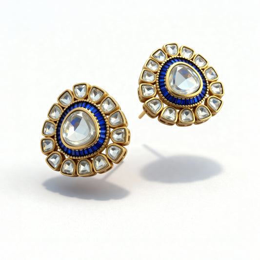 Gold Plated Kundan Polki Stud Earring (Blue Center)