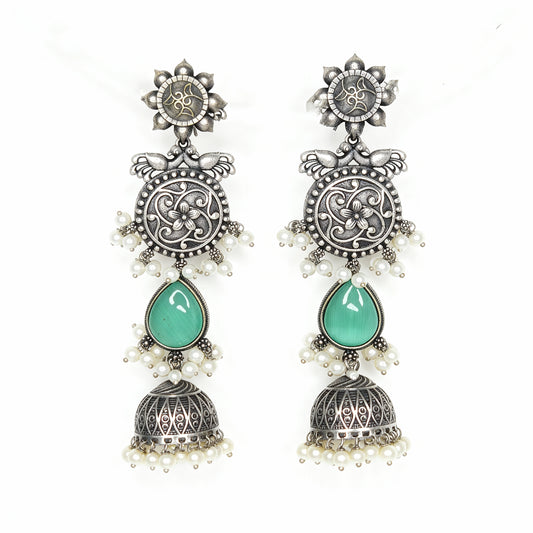 Oxidised Silver Jhumka (Mint Green & Pearls)