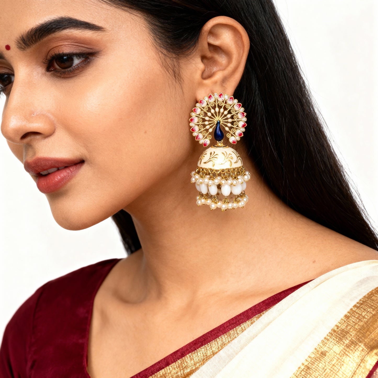 White Peacock Meenakari Jhumka