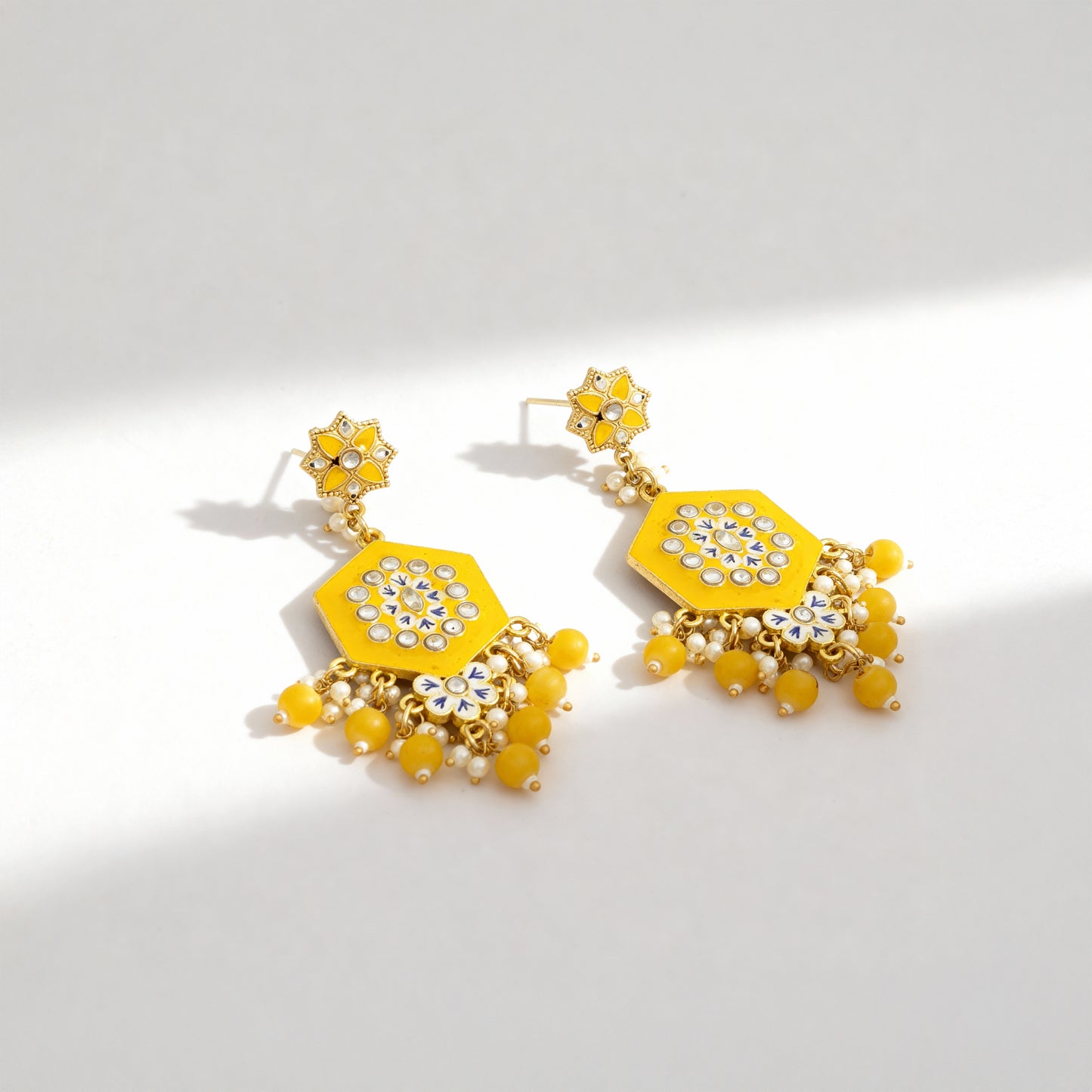 Yellow & Gold Toned Floral Drop Earring