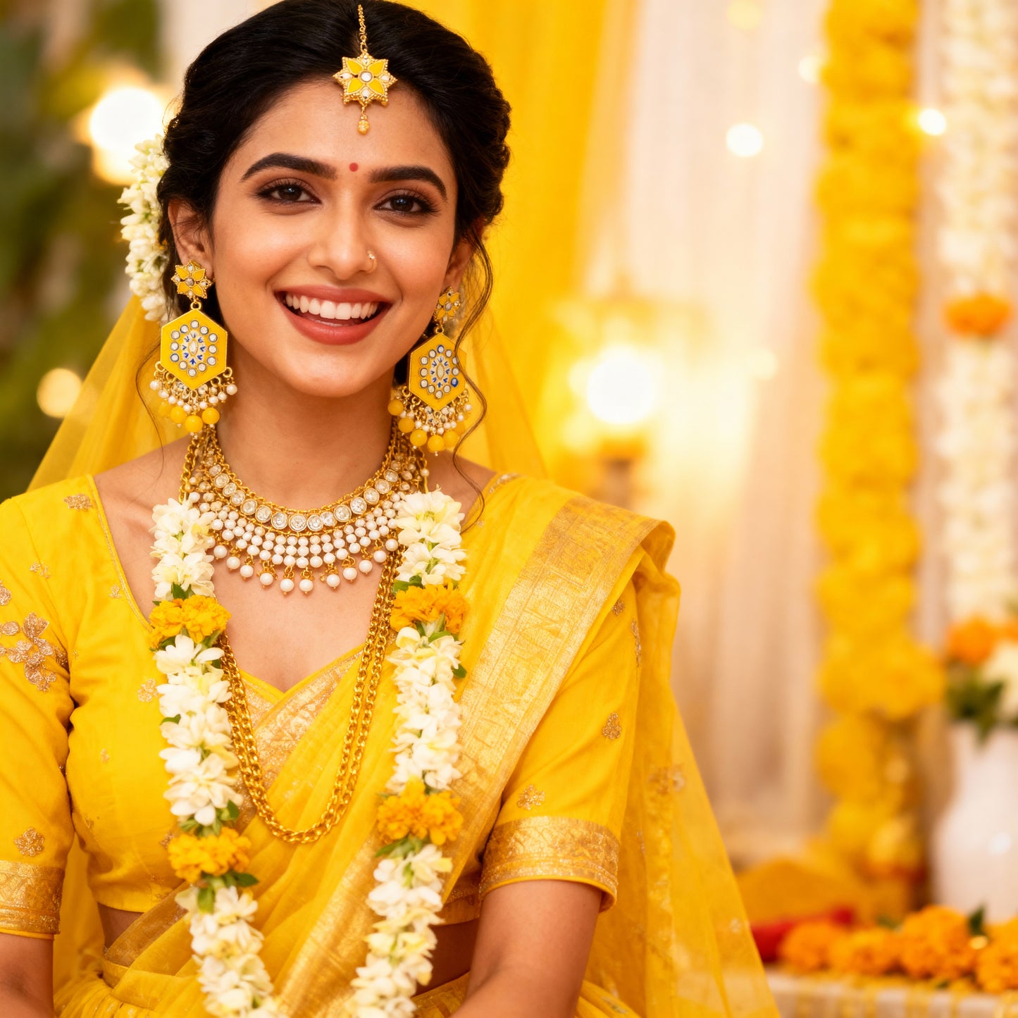 Yellow & Gold Toned Floral Drop Earring