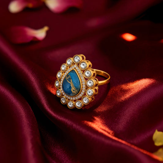 Gold Plated Kundan Ring with Blue Stone
