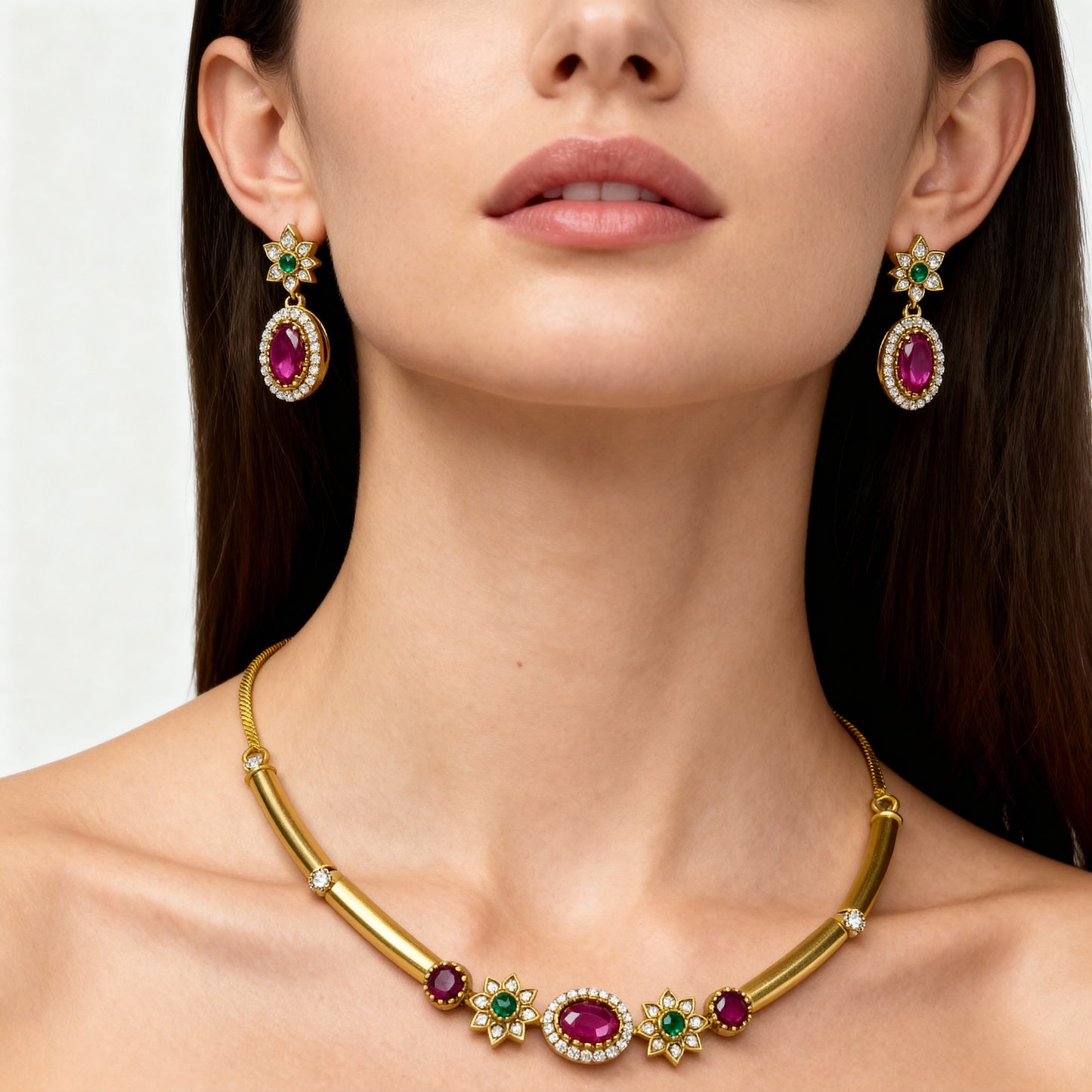 Tantaaz Green & Pink Ruby Stone Hasli Necklace Set