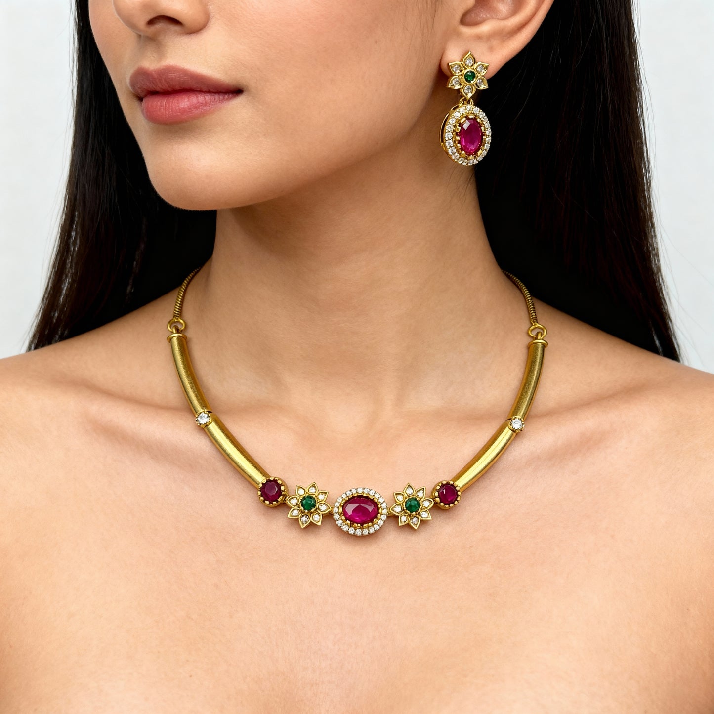 Tantaaz Green & Pink Ruby Stone Hasli Necklace Set