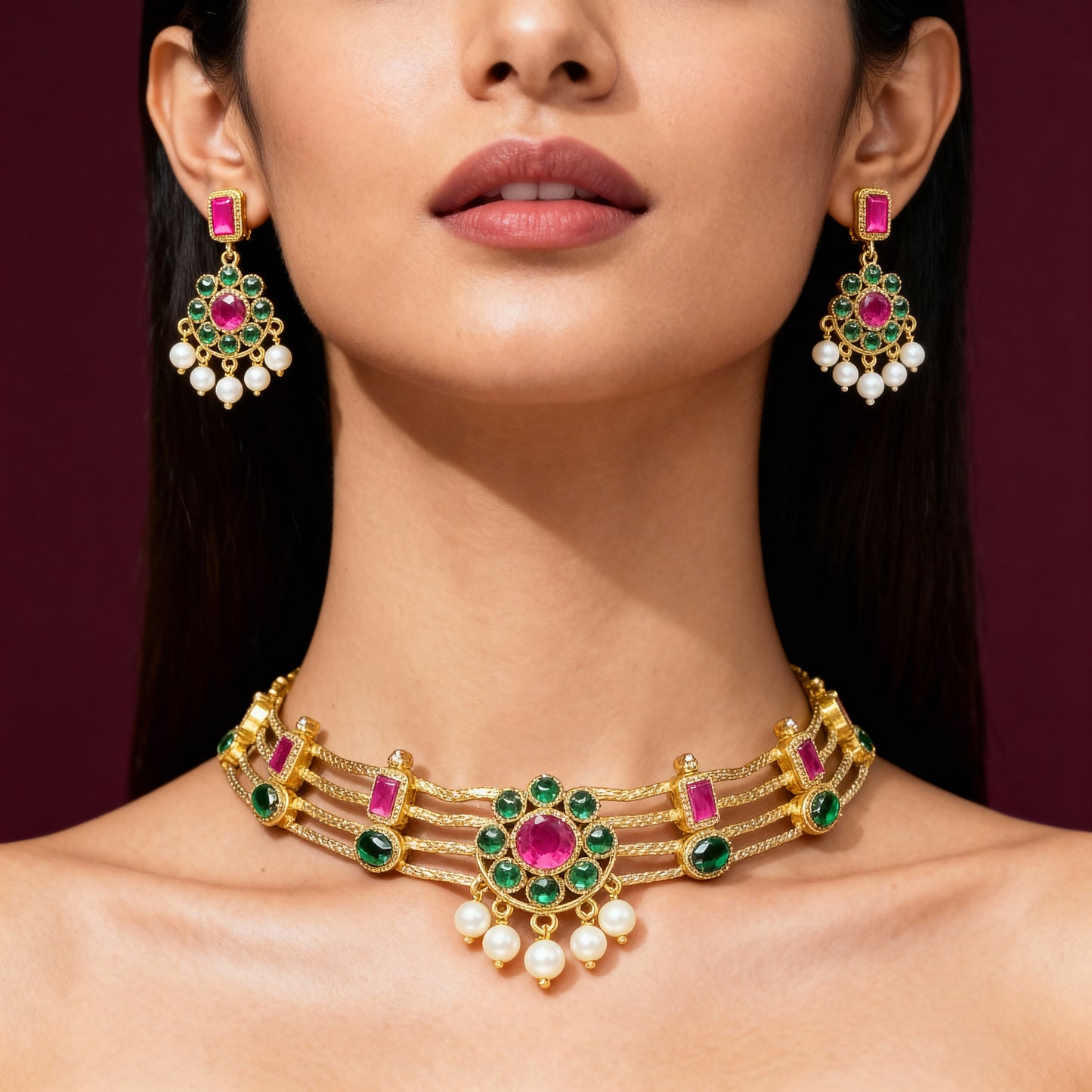 Tantaaz Multi-Color Gold Plated Choker Necklace Set (Kerala Style)