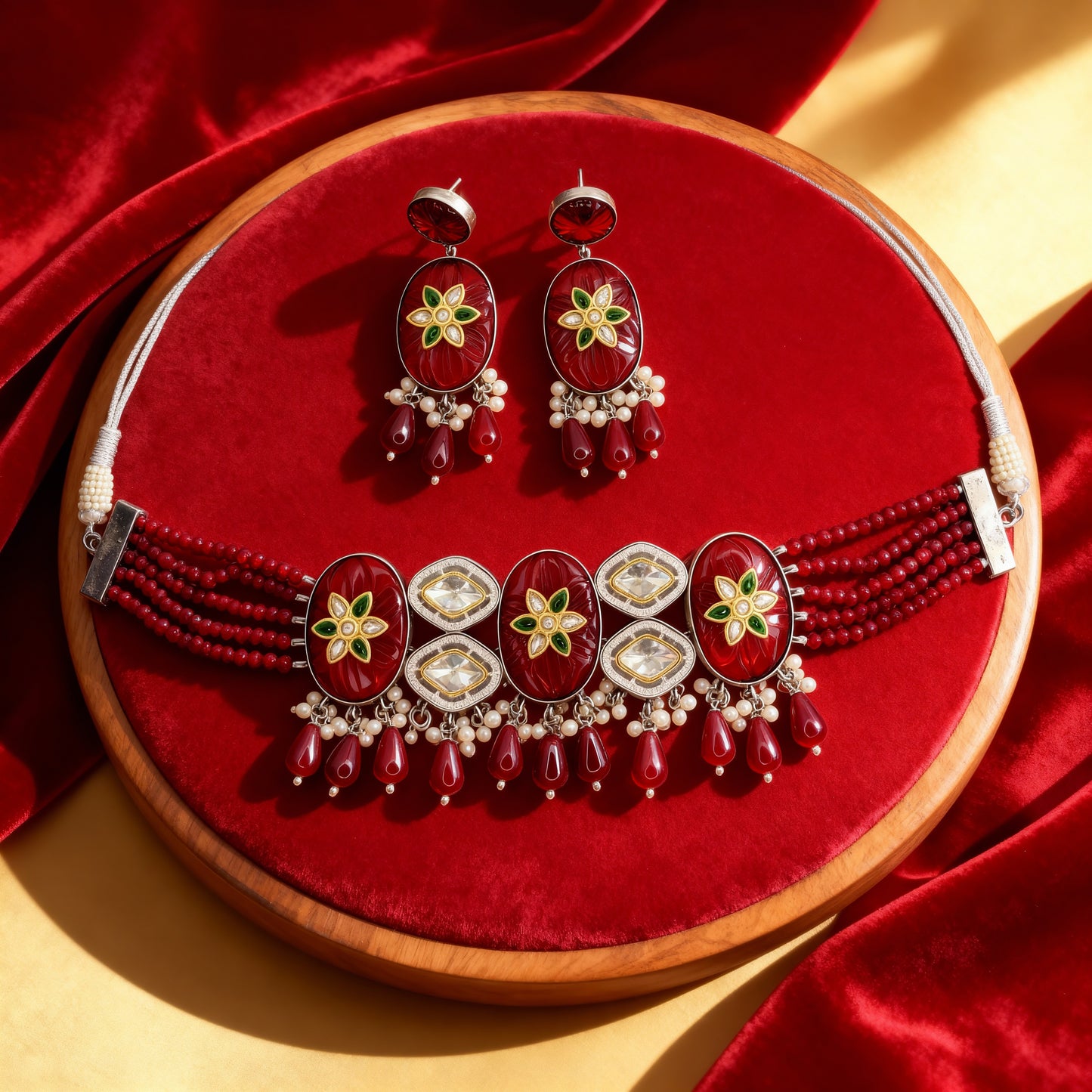 Tantaaz Maroon Polki Kundan Silver & Gold Plated Choker Necklace