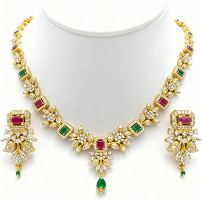 Gold Plated AD Multicolor Stone Floral Necklace Set with Earrings