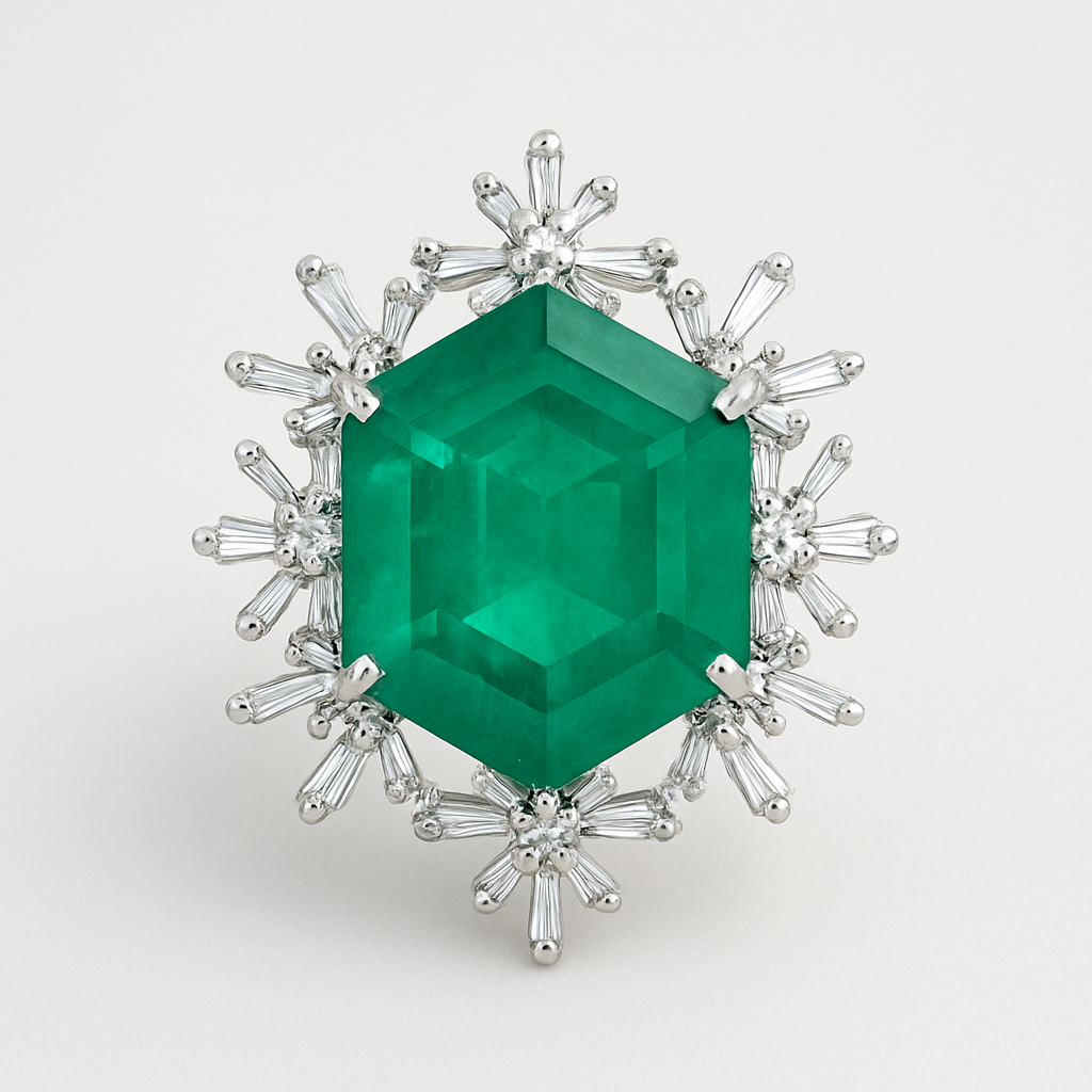 Emerald green gemstone surrounded by silver prongs on a light gray background