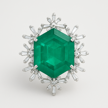 Emerald green gemstone surrounded by silver prongs on a light gray background