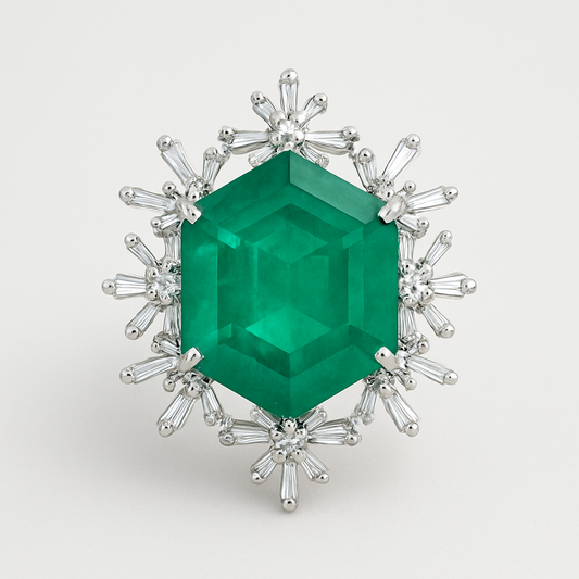 Emerald green gemstone surrounded by silver prongs on a light gray background