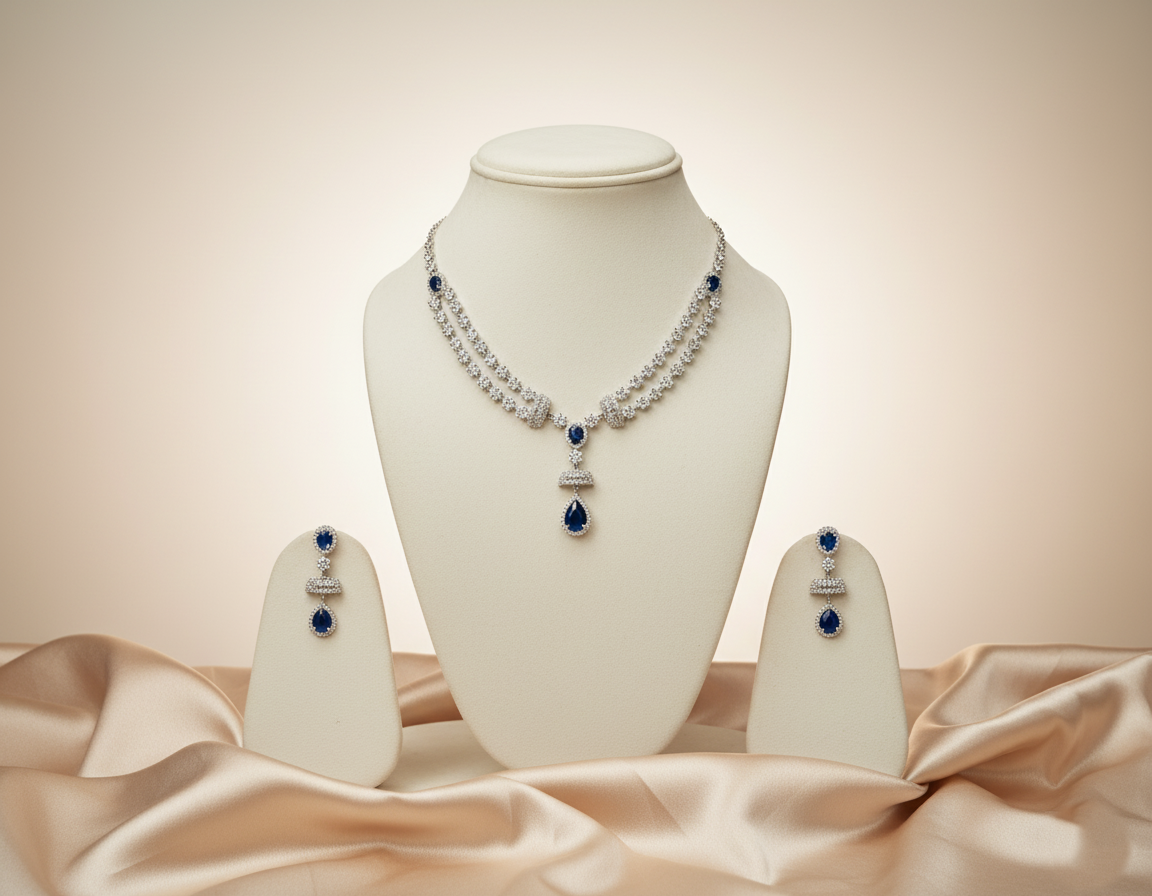 Jewelry set with necklace and earrings on a mannequin bust against a beige background