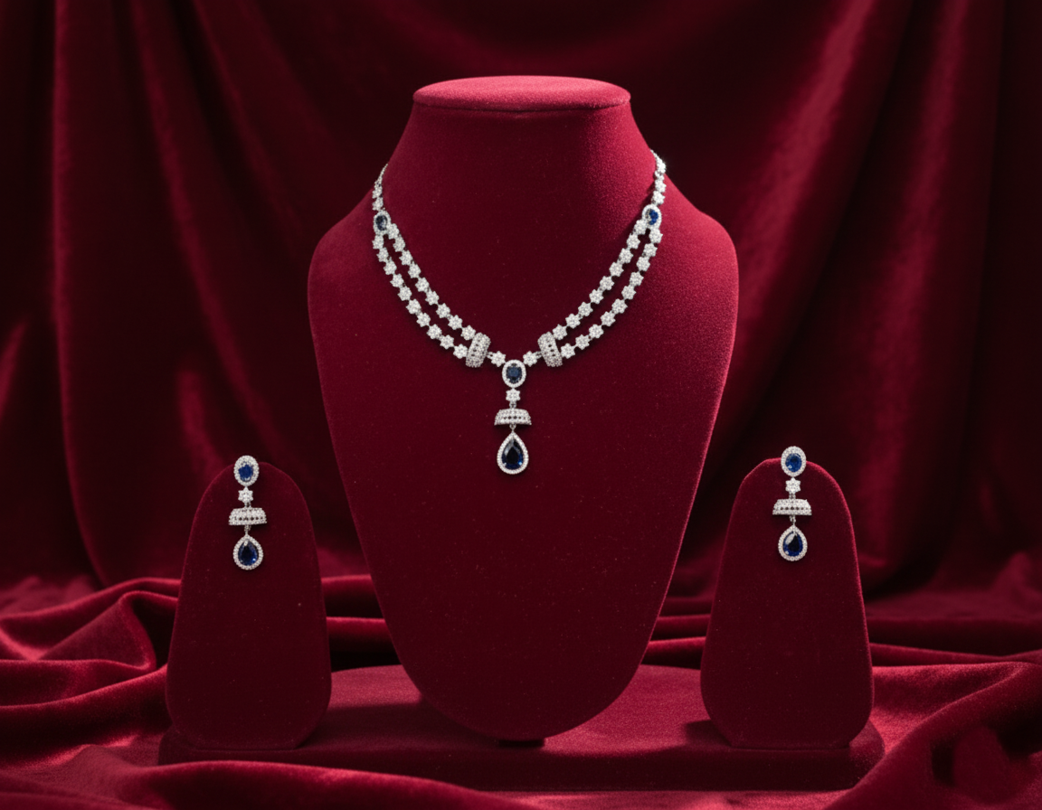 Silver necklace and earrings on a red velvet stand against a red curtain background