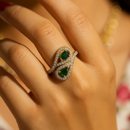 American Diamond with Green Ruby Adjustable Ring