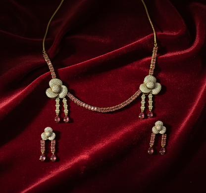 Ruby Pink Floral Victorian Diamond Necklace with Earrings