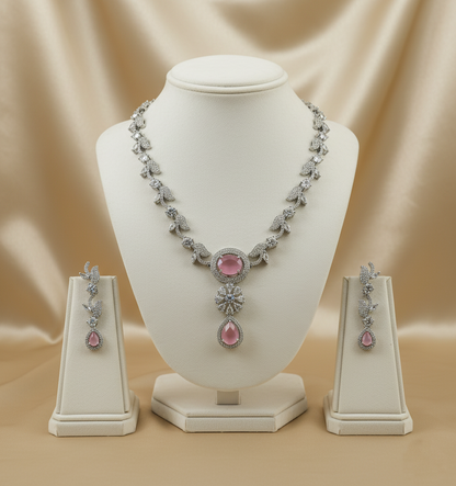 Pink American Diamond Necklace Set with Earrings (Silver-Plated)