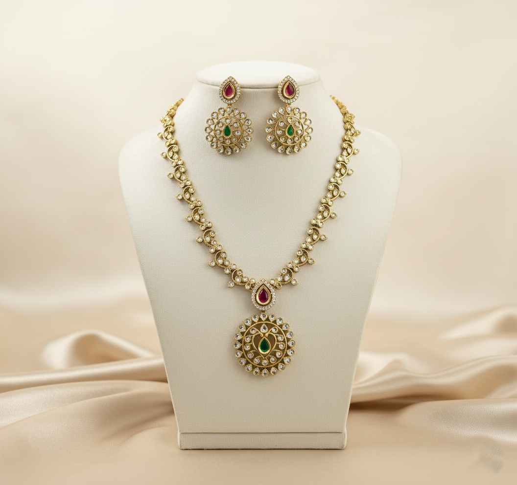 Tantaaz Green & Pink Victorian Necklace Set with Earrings