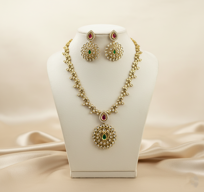 Tantaaz Green & Pink Victorian Necklace Set with Earrings