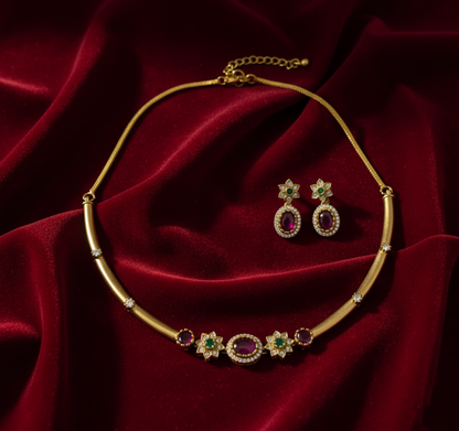 Tantaaz Green & Pink Ruby Stone Hasli Necklace Set