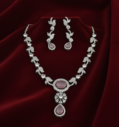 Pink American Diamond Necklace Set with Earrings (Silver-Plated)