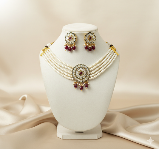 Pearl and Kundan Choker Necklace Set (Maroon)