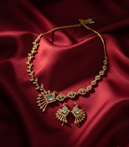 Tantaaz Mint Green American Diamond Necklace Set with Earrings