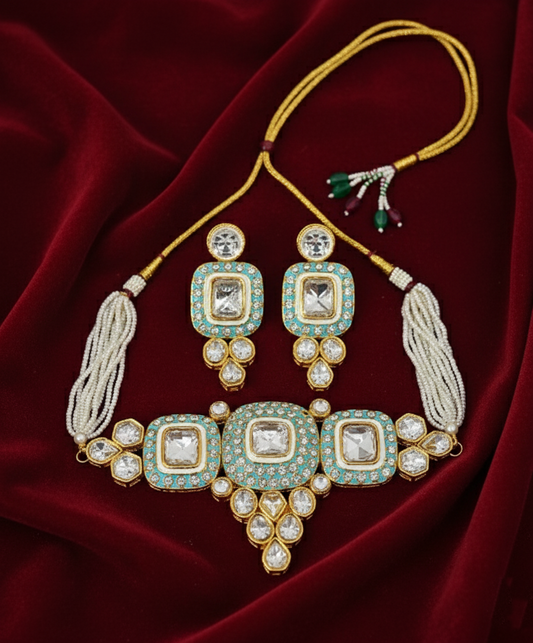 Tantaaz Traditional Kundan Green Gold Plated Choker Set