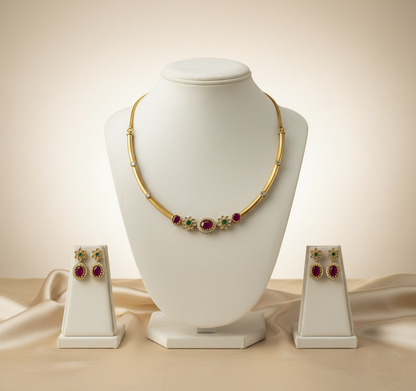 Tantaaz Green & Pink Ruby Stone Hasli Necklace Set