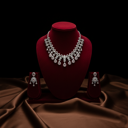 Silver Plated American Diamond Necklace Set (Pink)