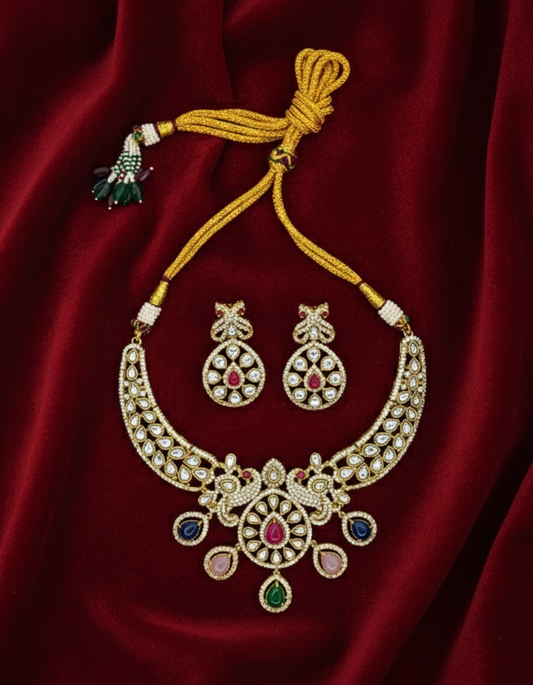 Traditional Kundan Polki Necklace Set with Multicolour Stones