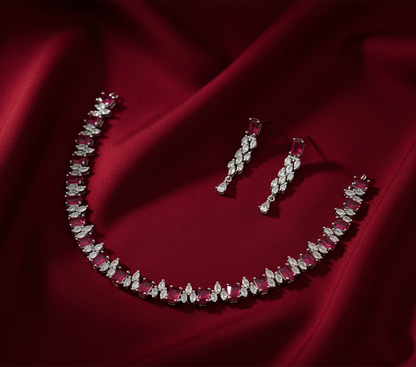 Enchanting Silver Plated Red & Multicolour AD Necklace Set