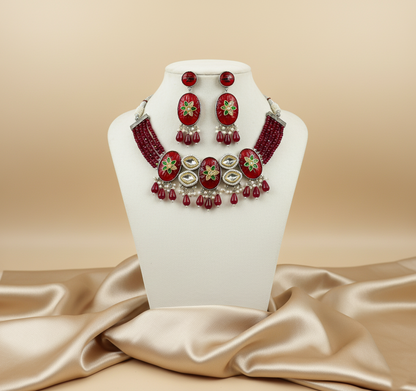 Tantaaz Maroon Polki Kundan Silver & Gold Plated Choker Necklace