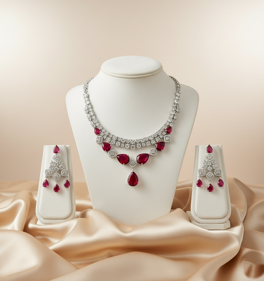 White Finish Red Stone Layered Necklace Set