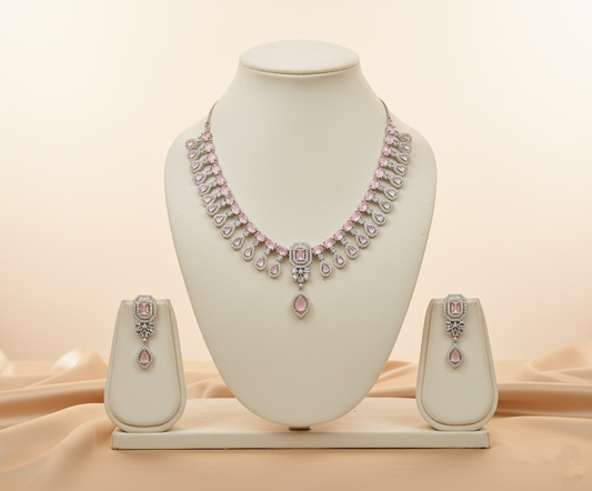 Pink Zircon Necklace Set (Silver-Plated)